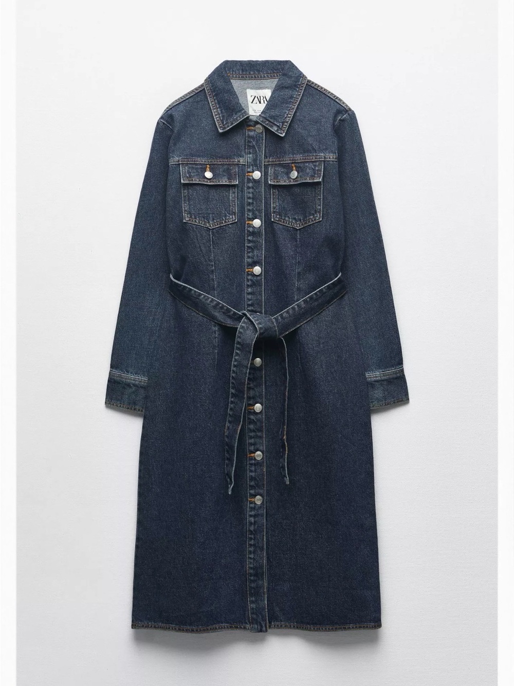 Zara Dark Blue Denim Long-Sleeve Shirt Dress with Belt